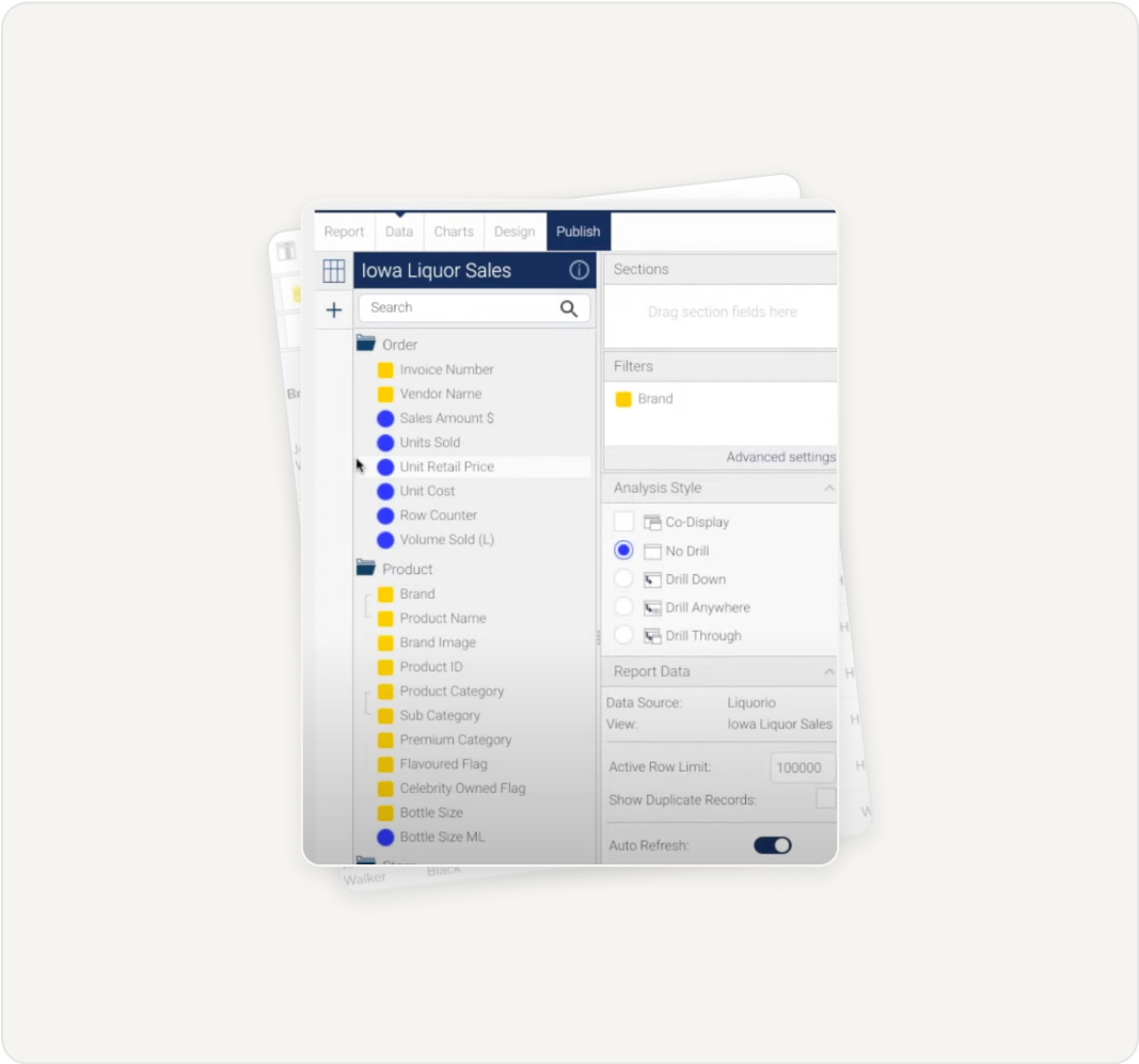 Yellowfin BI fully customizable embedded analytics Yellowfin embedded analytics interface, demonstrating dashboard options for white-labeled sales dashboard